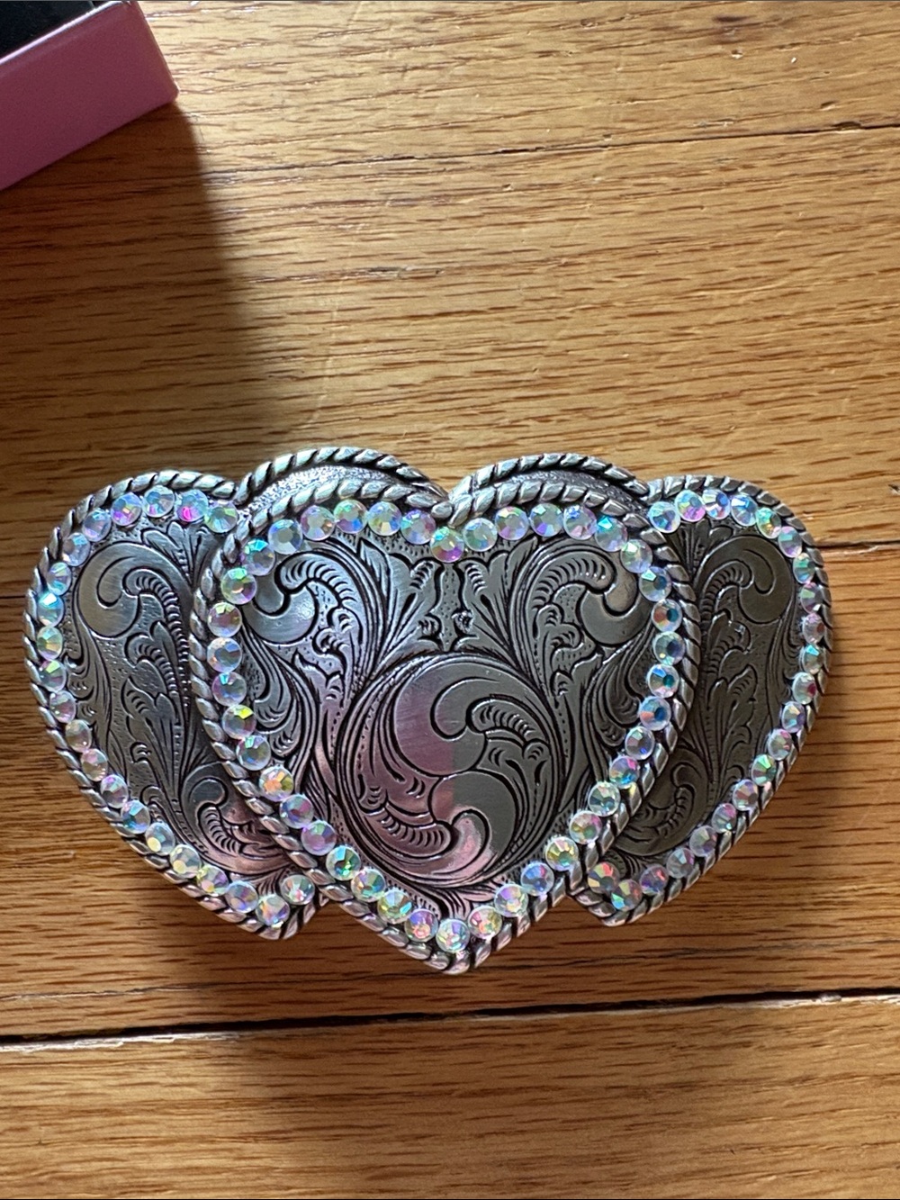 Nocona triple heart rhinestone silver belt buckle - Picture 3 of 4